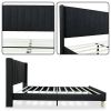 Full size Mid-Century Black Linen Platform Bed Frame with Upholstered Headboard
