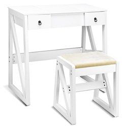 Vanity Dressing Table Set Flip Makeup Mirror Stool with 2 Drawers
