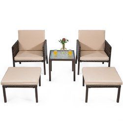 5 pcs Rattan Patio Ottoman Cushioned Garden Furniture Set Chairs